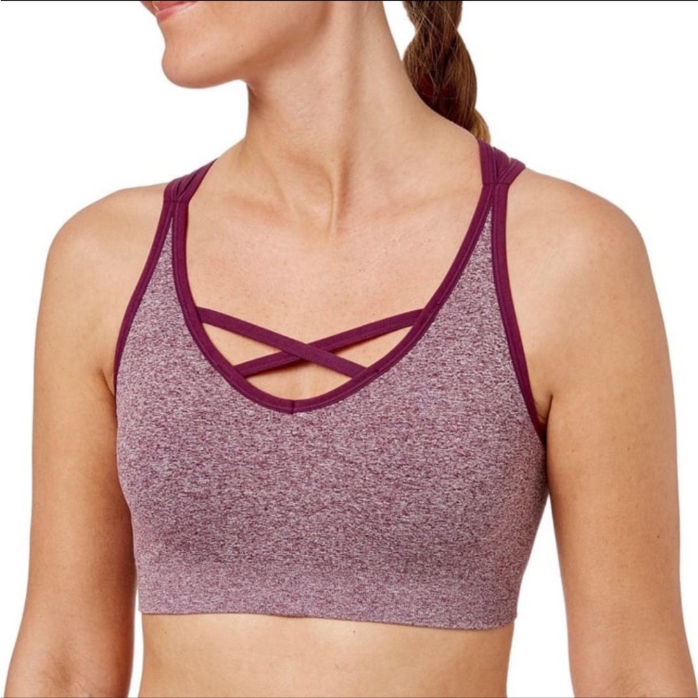 Reebok Heathered Seamless Maroon Purple Sports Bra L Strappy